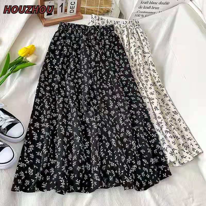 Винтажная юбка-трапеция с высокой талией и цветочным принтом, весенняя элегантная тонкая свободная юбка-миди, повседневная уличная офисная юбка, милая юбка для свиданий на открытом воздухе