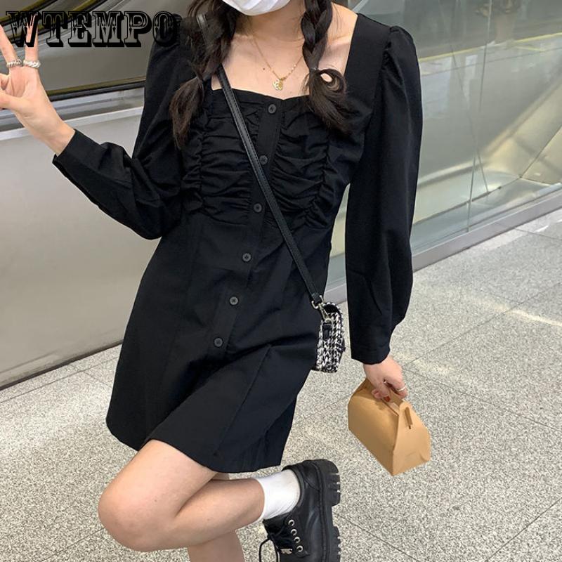 Женский темперамент ретро платье с квадратным воротником плиссированное однобортное корейское платье-костюм А-силуэта с длинными рукавами