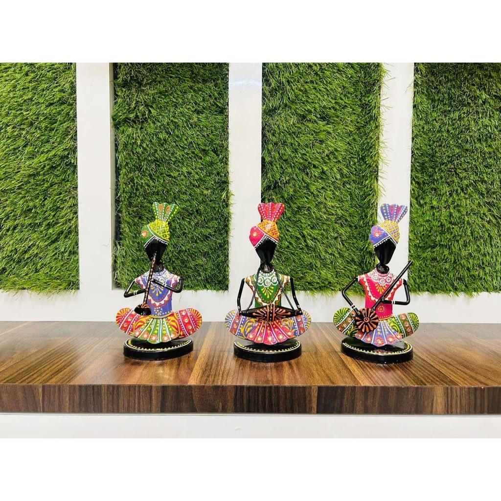Metal Multicolor Rajasthani Decorative Musician Set of 3 Showpiece, Table Decorative Items for Home,Antique Gift Items