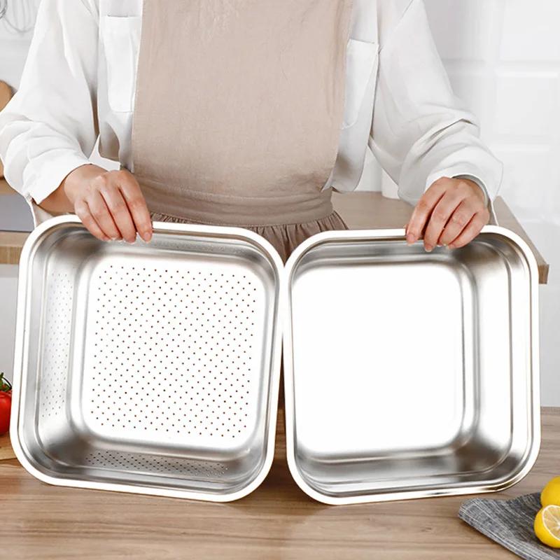 Корзина для слива овощей из нержавеющей стали, органайзер для хранения фруктов, квадратная миска для еды, поднос, кухонные принадлежности