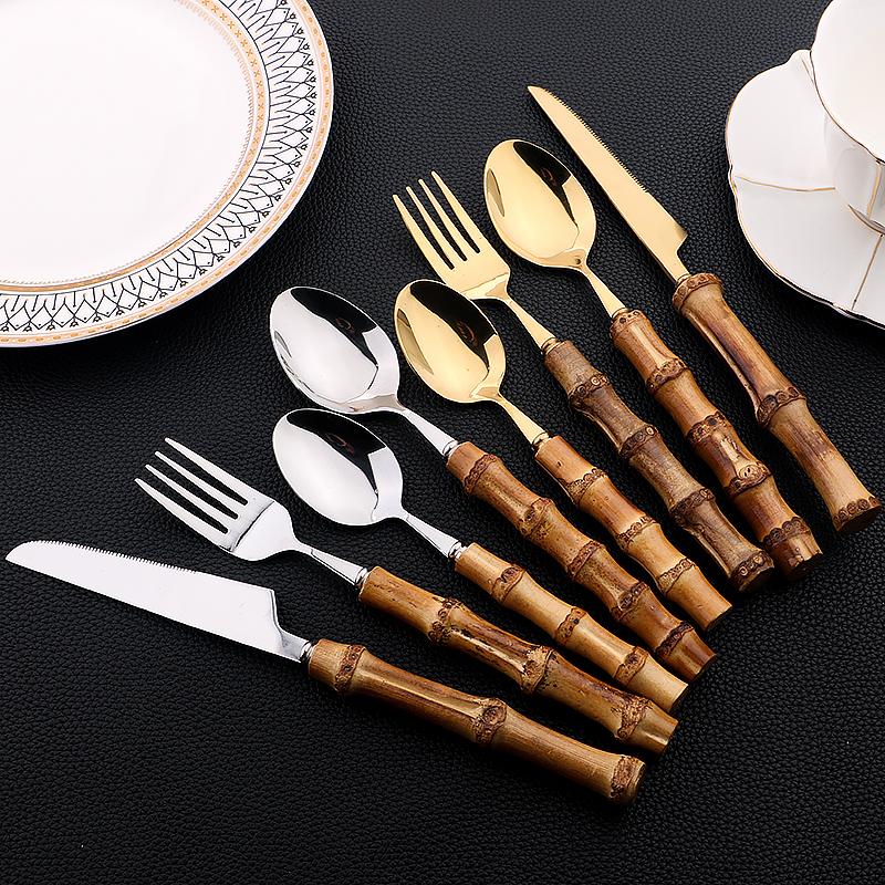 6//24Pcs Dinnerware Sets Bamboo Handle Stainless Steel Creative Flatware Set Knife Fork Spoon Tableware Set Luxury Cutlery Rack
