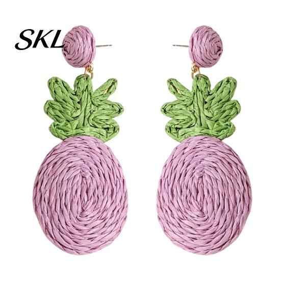 Three-dimensional Pineapple Earrings 1 Pair Handmade Raffia for Women, Boho Straw Hand-Woven Summer Beach Skirt Jewelry Dangle Earrings, Natural