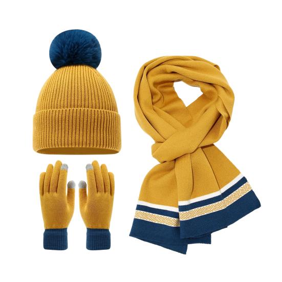 3Pcs/Set Women Winter Hat Scarf Gloves Set Plush Ball Decor Elastic Knitting Hat Long Scarf Touch Screen Gloves Set