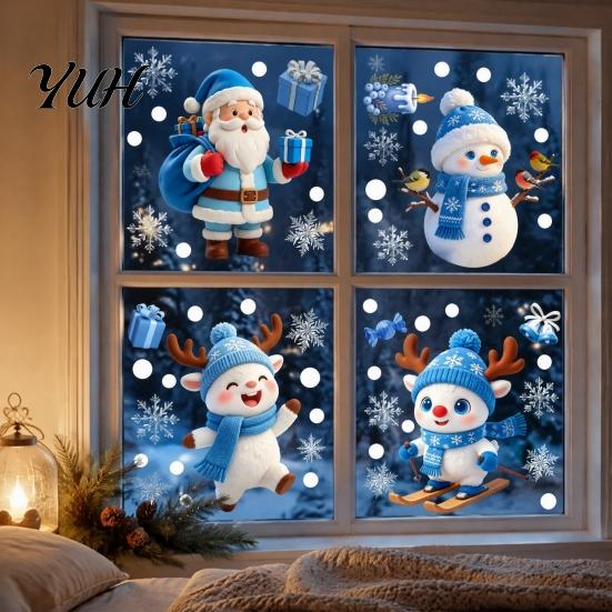 Decorative Window Sticker Christmas Static Glass Sticker, Santa Claus Snowman Reindeer PVC Cling, Reusable Waterproof Decal for Holiday Party Supplies
