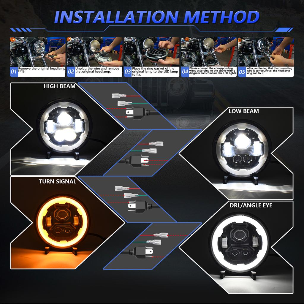 7-дюймовая светодиодная фара, круглая фара с дальним светом, ДХО и янтарным указателем поворота для автомобилей