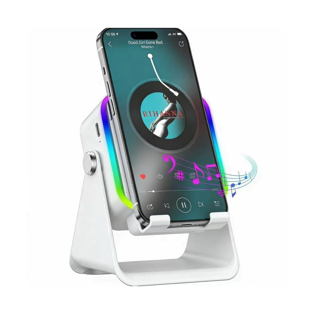 Беспроводная индукционная Bluetooth-колонка 5-в-1 с подставкой для телефона, стереозвуком, аккумулятором 3500 мАч, RGB-подсветкой, держателем на 360° – Подарок для мужчин и женщин