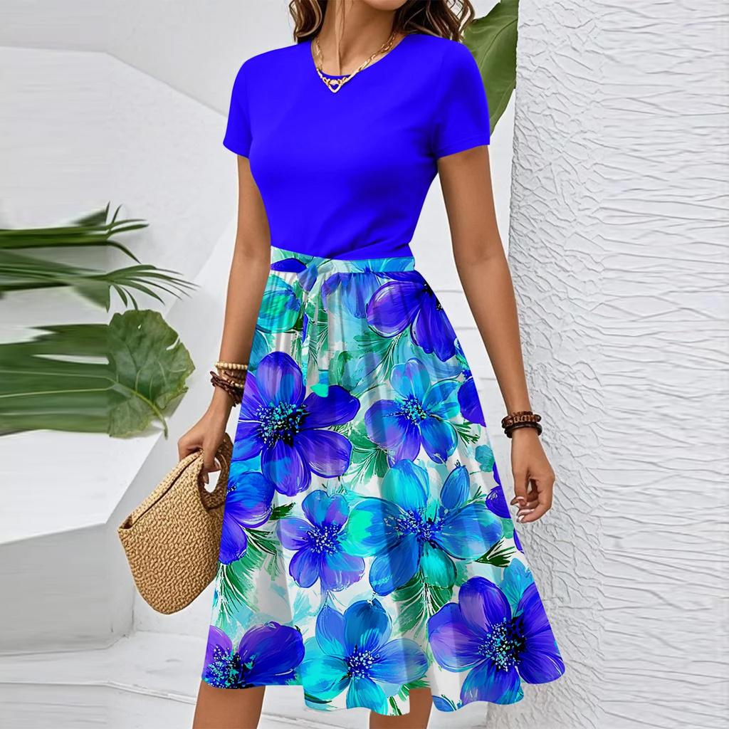 Women's Casual Fashion Belted Floral Print Short Sleeve Round Neck Elegant Dress