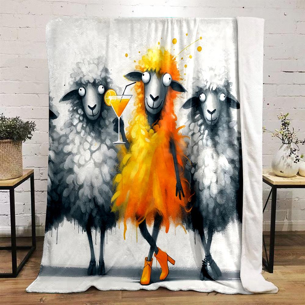 "Quirky Orange Sheep with Cocktail Glass" Patterned flannel blanket perfect for the bedroom living room, sofa, or a little nap