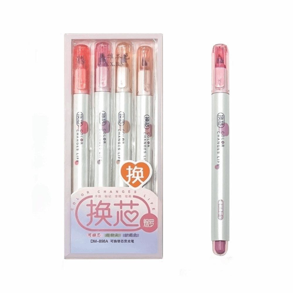 4pcs Soft Tip Highlighter Pen Refillable Note Taking Markers Durable Art Marker Pen  Students Gift