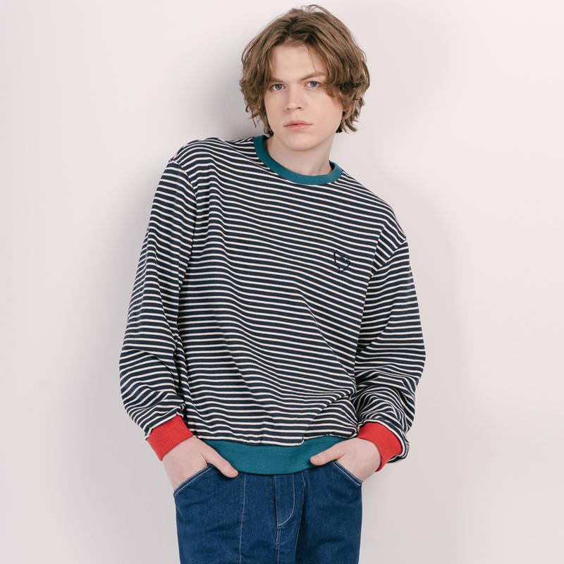 CUSTOMUS Stripe & Rib Mix Heart Logo Embroidery Oversized Sweatshirt Cxscoskmt202 Nav