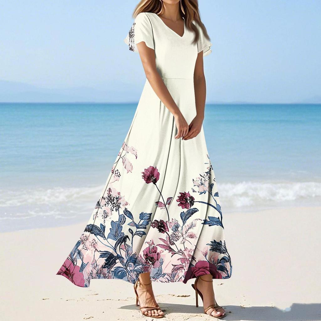 Женские повседневные модные длинные платья с принтом, платья с V-образным вырезом и коротким рукавом