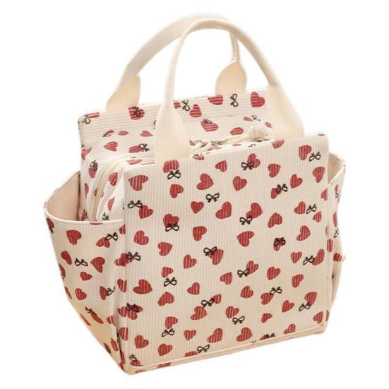 Corduroy Lunch Bag with Handle Waterproof Large Capacity Reusable Insulated Lunch Box Water Bottle Holder with Side Pockets