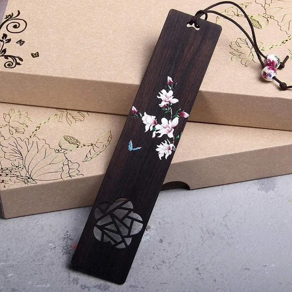 Retro Carving Ebony Bookmark Chinese Style Color Painted Bird Flower Book Clip Pagination Mark Stationery School Office Supplies