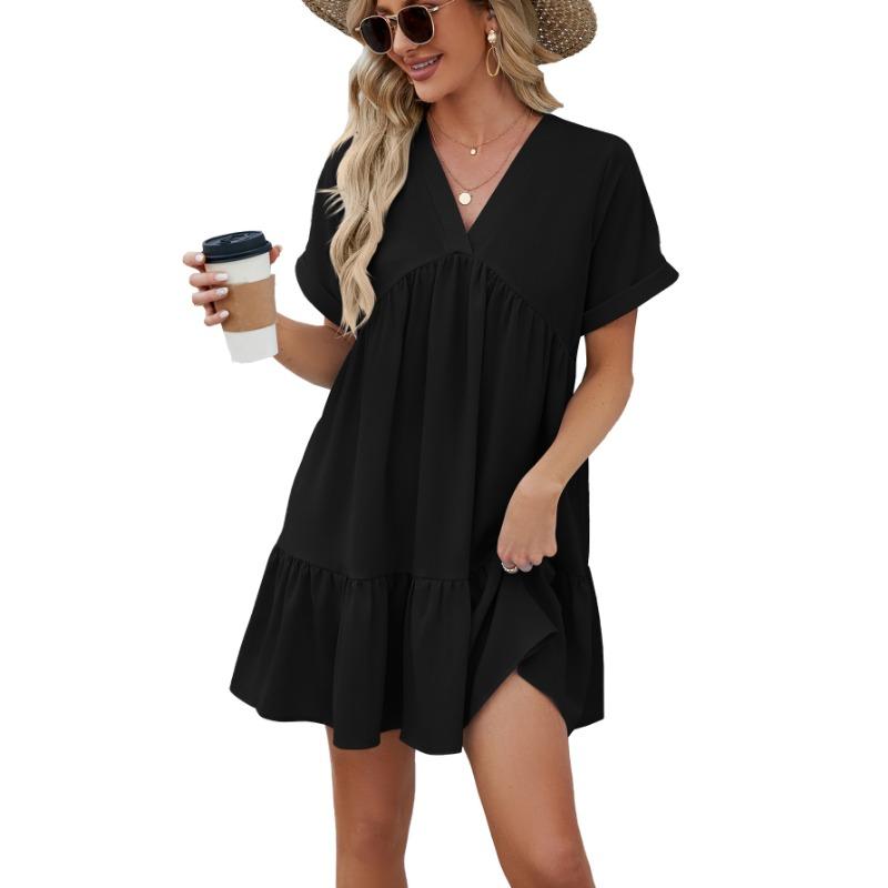 Spring Summer Solid Color V-neck Loose Pleated Dress for Women Casual Dresses