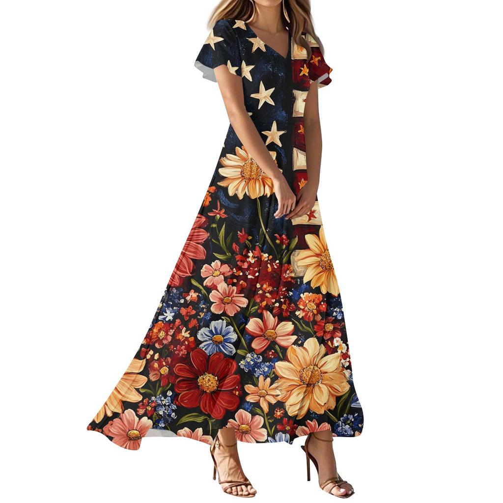 Женские повседневные модные платья с принтом ко Дню независимости, платья с коротким рукавом и V-образным вырезом