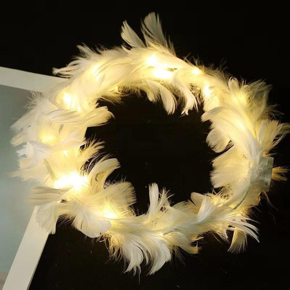 Christmas White Feather Luminous Garland New Year Women Hairband LED Feather Headband  Party