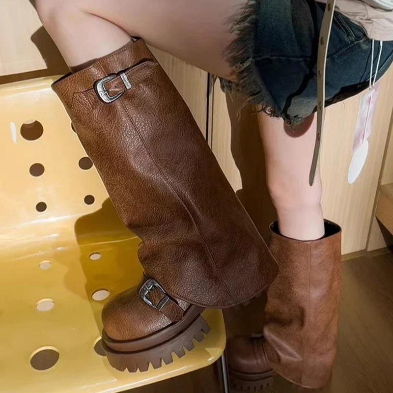 Women High Boots Platform Chunky Fad Buckle Leather Mid Heels Shoes 2025 Trend Designer Knee High Mortorcycle Winter Botas Mujer
