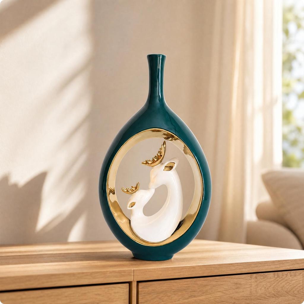 Ceramic Vase Forest-Inspired-Inspired with Gold-Toned Oval Inset Rustic
