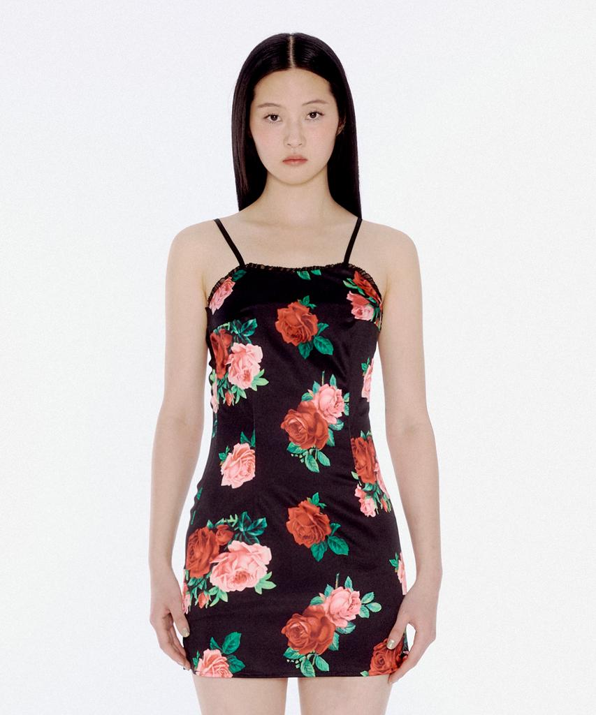 Yuhee Satin Flower Pattern Dress Black