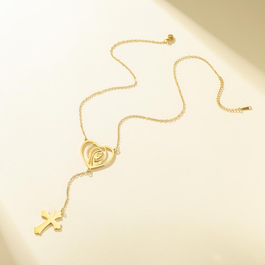 Heart Virgin Mary Cross Y Lariat Necklace Stainless Steel Religious Our Lady Pendant Necklace Christian Faith Jewelry Gift