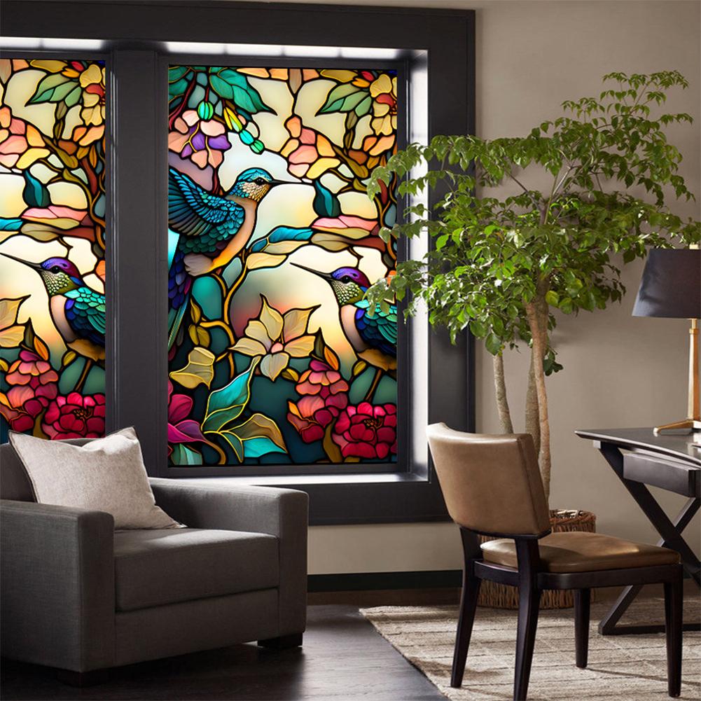 Retro Colorful Hummingbird Flower Stained Glass Window Film Non-adhesive Window Film Decorative Static Cling