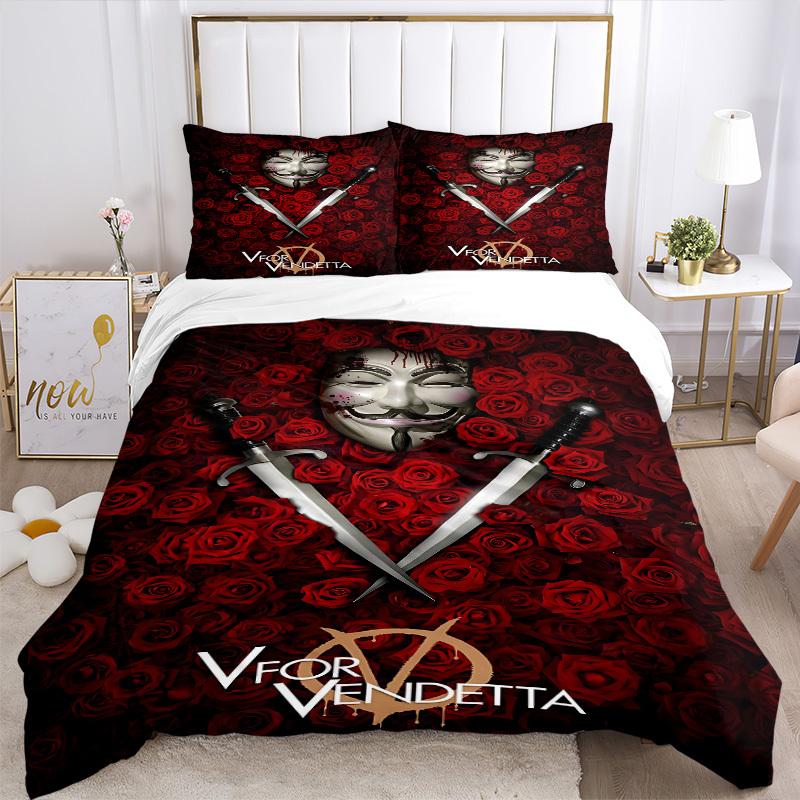 3pcs V for Vendetta Bedding Set, Soft Polyester Duvet Cover and Pillowcases Machine Washable Seasons all suitable & Guest Room Decor213