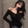 Korean Style Long Sleeve Solid Color T Shirts Women Sexy V-neck Split Womens Fashion Casual Top Tee Shirt
