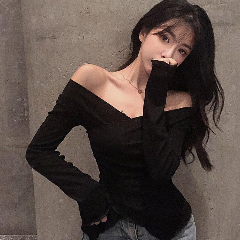 Korean Style Long Sleeve Solid Color T Shirts Women Sexy V-neck Split Womens Fashion Casual Top Tee Shirt