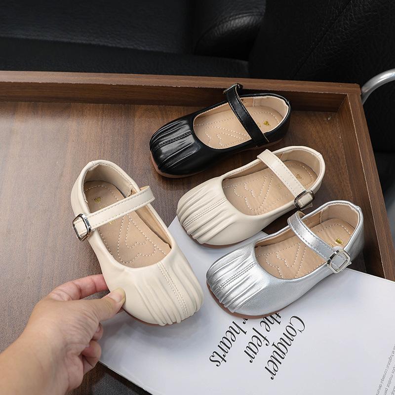 Simple Little Girl Leather Shoes Solid Color Pleated Children's Flats Fashion Versatile Kids Causal Walking Shoes Spring Autumn