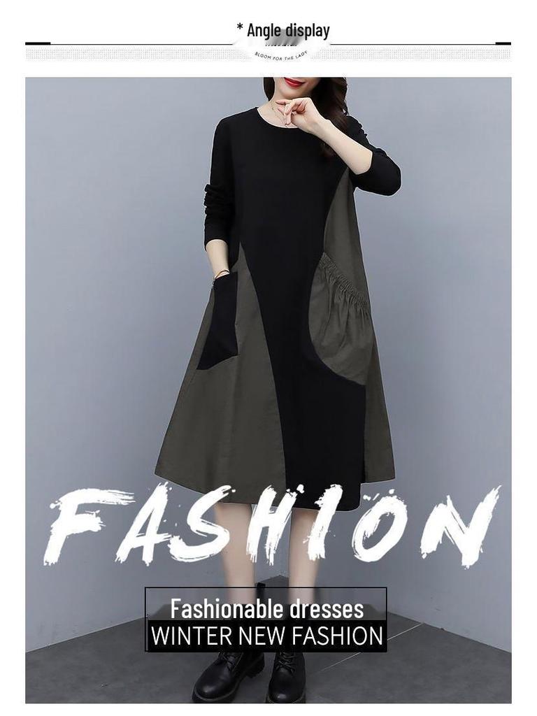 Autumn 2025 Plus Size Slimming Color Block Long Sleeve Dress for Women