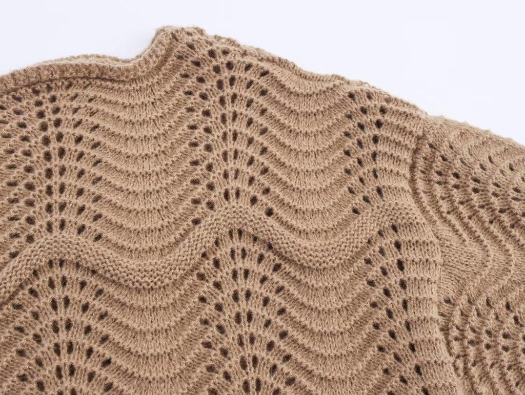 NSSF Handmade Crochet Wave Hem Tie-Waist Furry Women's Pullover Sweater