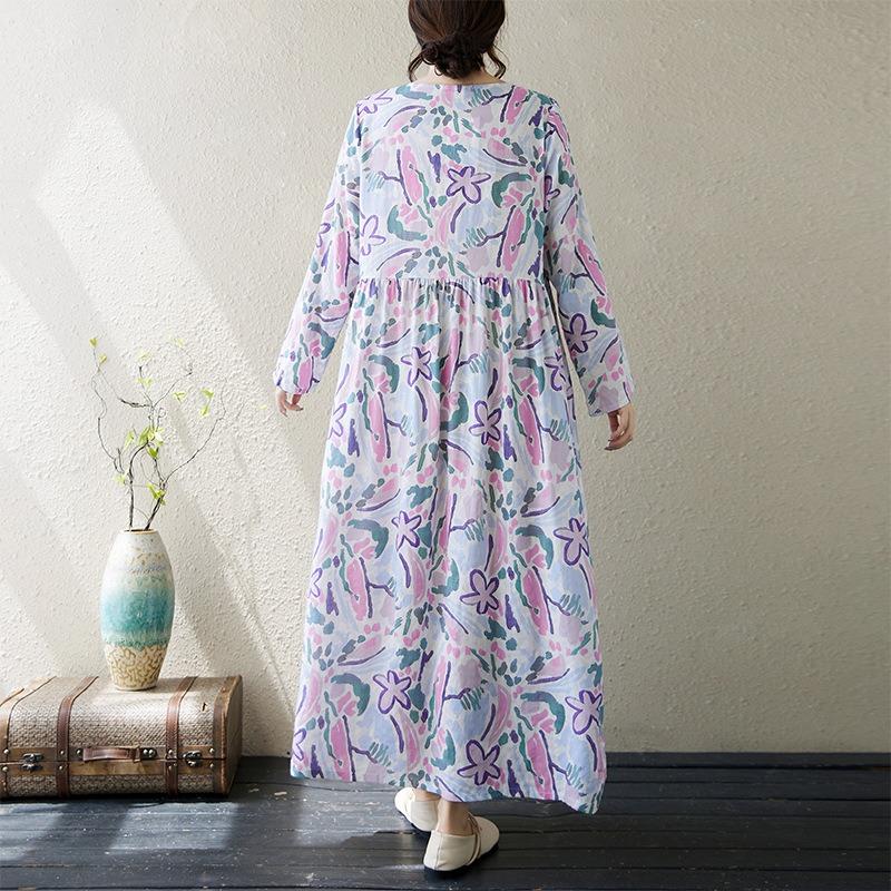 Осеннее литературное платье больших размеров из хлопка и льна с принтом, круглым вырезом и длинными рукавами для женщин, платья