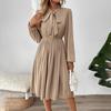 Women Autumn Long Sleeve A Line Dress High Waist Pleated Solid Bow Collar Long Dresses Spring Sizes S XL