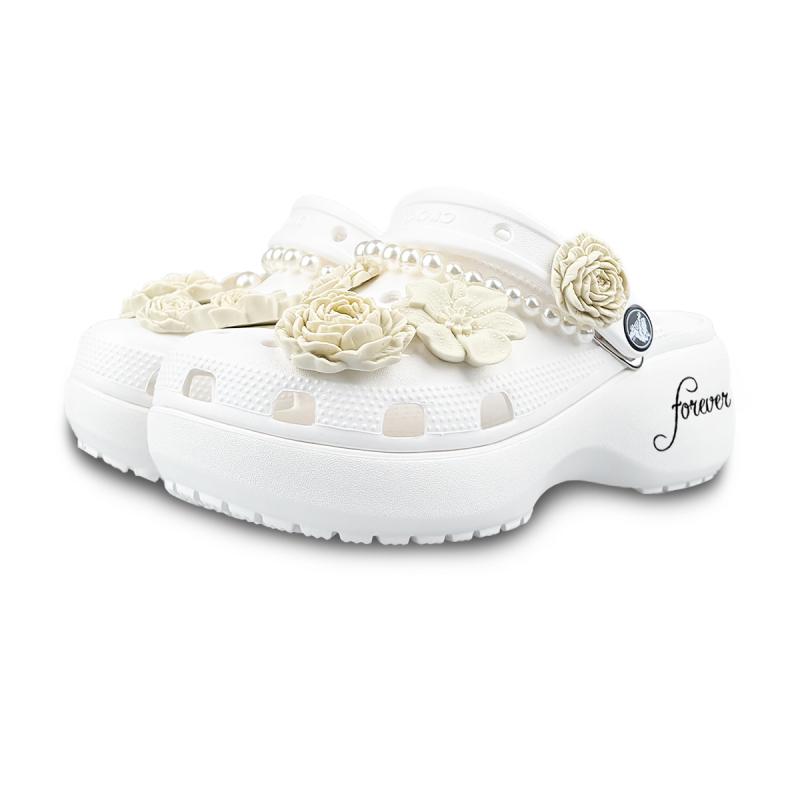 Crocs Классические клоги на платформе EVA ZR Zhiran Immortal Bone Flower Pearl Французская ручная роспись Универсальные дырочные туфли Унисекс Белый