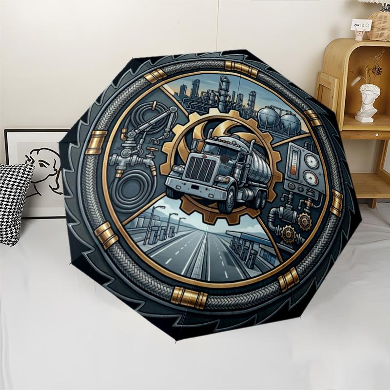 Industrial Gear Truck pattern umbrella, portable and foldable design, 8 ribs, a casual accessory for Halloween, Christmas, and birthday gifts.
