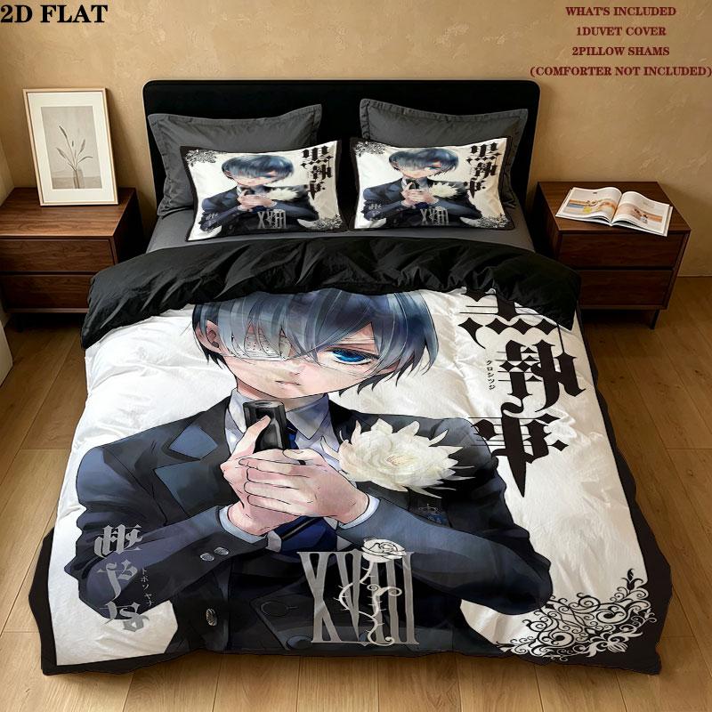 Black Butler Pattern Bedding Quilt Set Quilt Cover Pillowcase Home Birthday Gift(1 * duvet cover + 2 * pillowcase, without core)