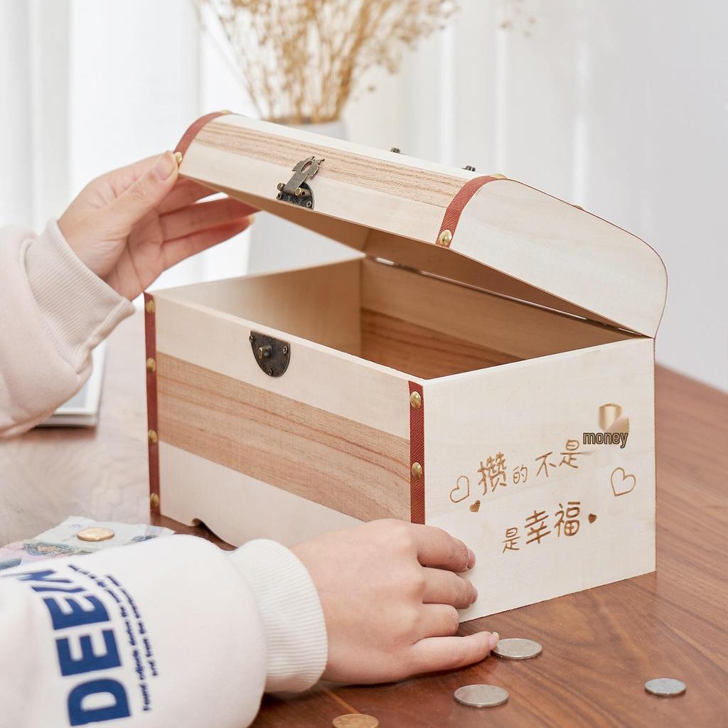 Large Capacity Solid Wood Piggy Bank with Lock for Children