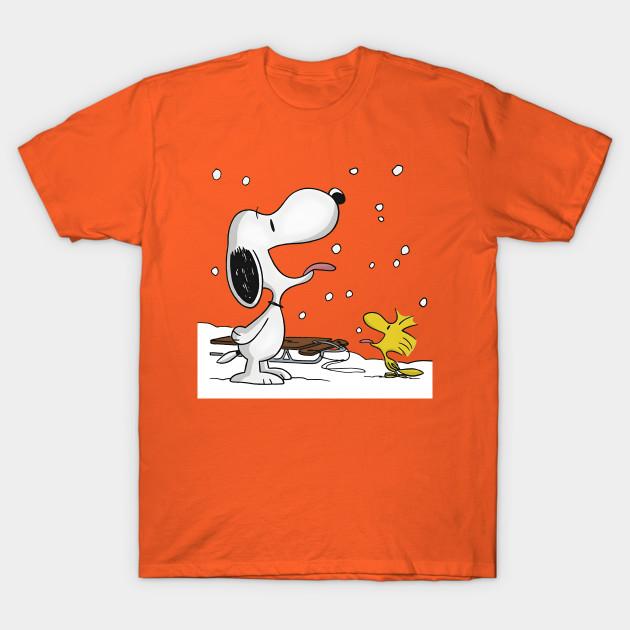 Asian Size Men Black Print T-shirt Funny Snoopy &Amp; Woodstock - Snow No-Cut Heat Transfer Print Cotton Tshirt
