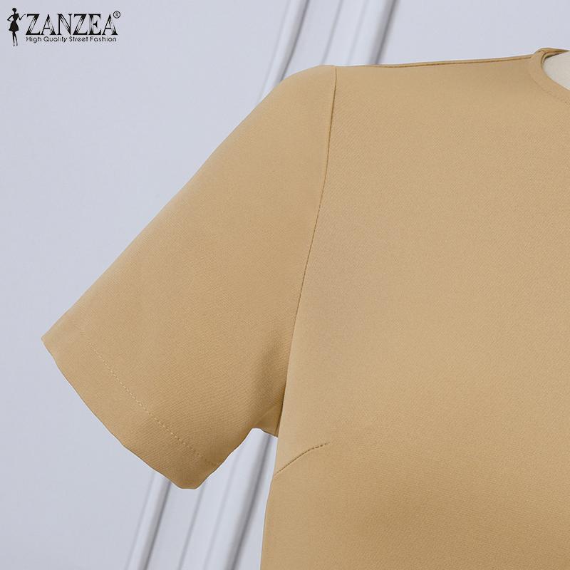 ZANZEA Женские элегантные платья с круглым вырезом и коротким рукавом