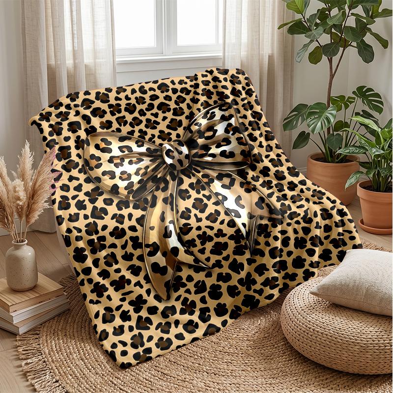 Leopard Print Bow Design Theme blanket Lightweight Warm Flannel Blanket Decorative Throw Blanket for Home Decoration
