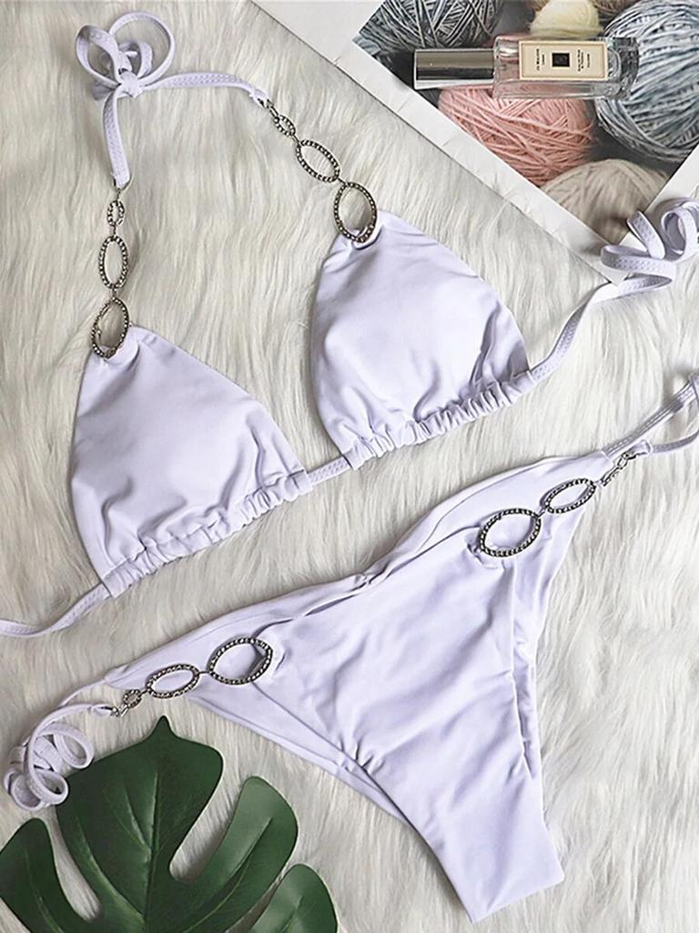 Блестящие кристаллы и бриллианты, бикини, женский бандажный купальник с лямкой на шее, женский купальник, комплект бикини со стразами, бразильский купальный костюм