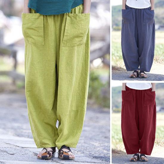 Женские брюки-шаровары, широкие однотонные длинные брюки с карманами, эластичный пояс, свободные повседневные брюки для путешествий
