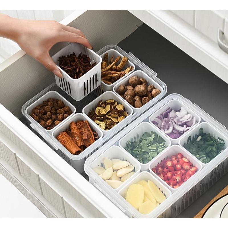 1 Set of Multi-functional Transparent Box Detachable Six-compartment Food Storage Box Partition Design Kitchen Refrigerator Fruit Preservation Box