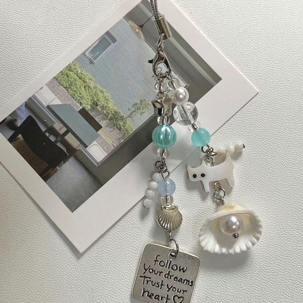 5PCS Imitation Pearl Beaded Cat Pendant Glass Bead Shell Pearl Phone Lanyard Fashion Keyring Beach