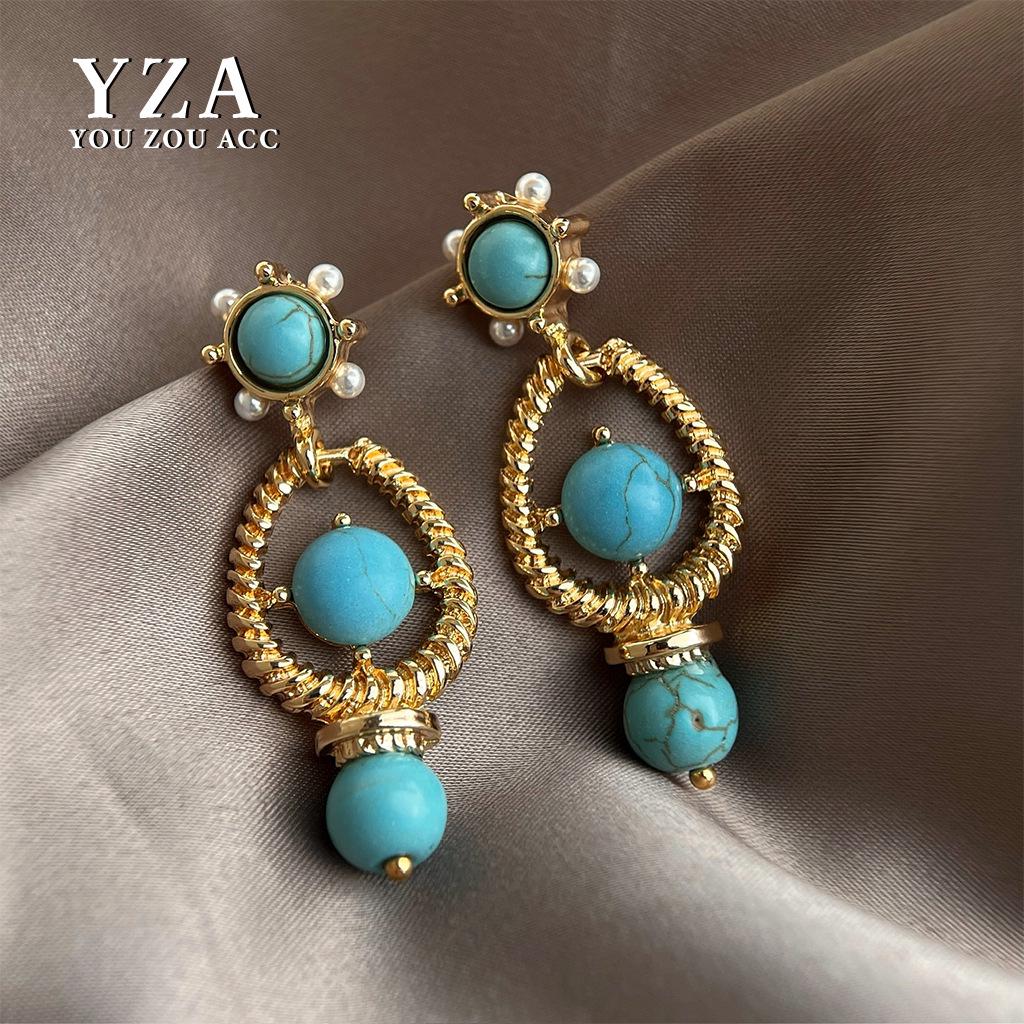 Винтажные Геометрические Серьги с Бирюзой, Жемчугом и Серебряной Иглой - Ретро Высококлассная Роскошь