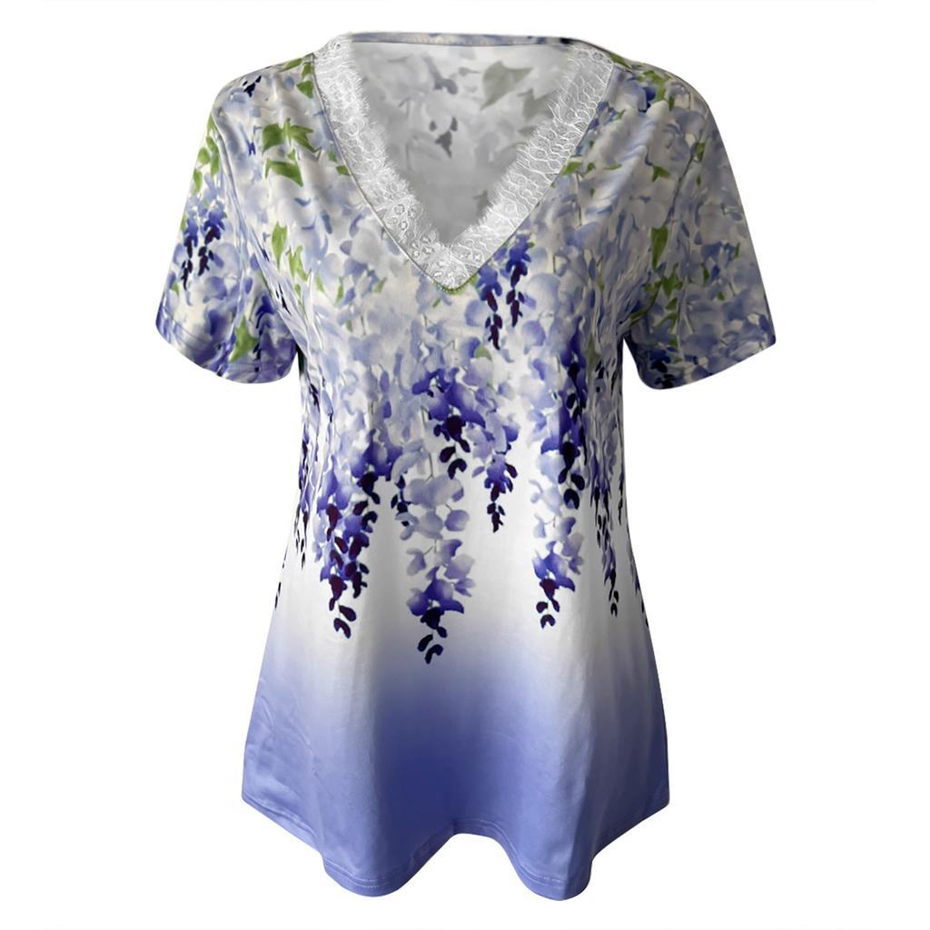 Women Casual Loose Shirts V Neck Short Sleeve Flower Print Lace Tops T-shirts Tee