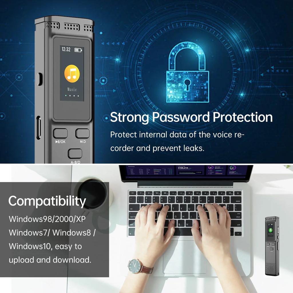 Цифровой диктофон с шумоподавлением, активацией голосом, воспроизведением MP3 (64 ГБ/16 ГБ/8 ГБ)