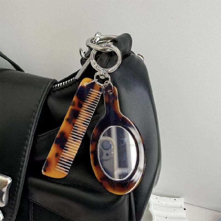 Леопардовый брелок-расческа с подвеской-зеркальцем для макияжа, модный аксессуар из ацетата ручной работы, женский инструмент для красоты