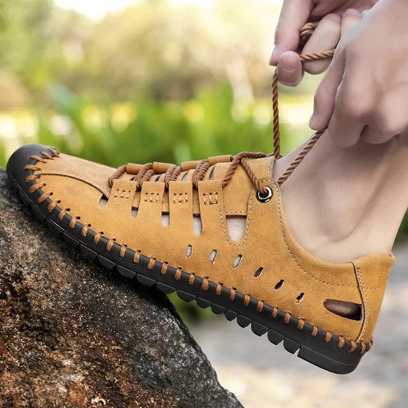 Fashion Summer Men Genuine Leather Sandals 2025 New Business Casual Shoes Men Outdoor Beach Sandals Roman Men Summer Water Shoes Hombre