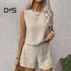 2 Pcs/Set Women Vest Shorts Suit Round Neck Sleeveless Solid Color Top High Waist Short Trousers Vacation Casual Outfit Summer Beach Clothes
